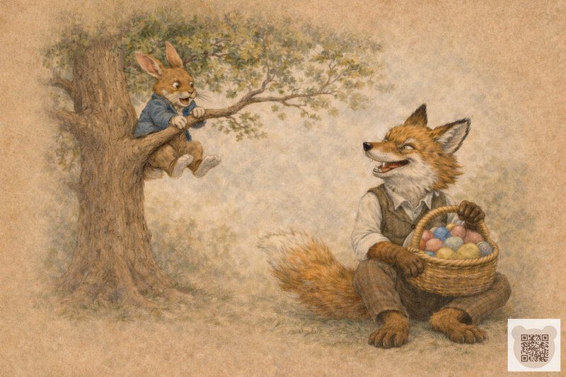 Лис Лисис-Хитрис із кошиком яєць під деревом, на якому сидить великодній кролик Шуршик.