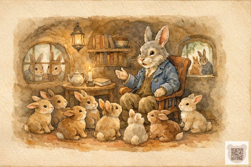 Літній кролик Шуршик Двадцять П’ятий розповідає давню історію уважним кроленятам.