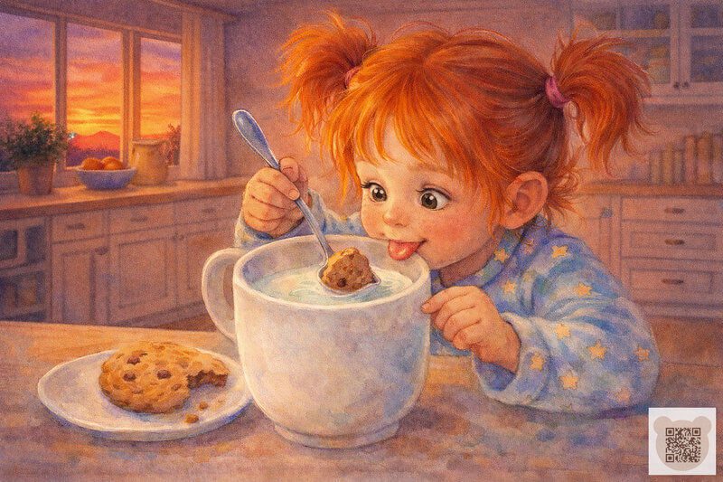 Интересные рассказы на ночь для детей 5-6 лет: девочка Майя пьет молоко с овсяным печеньем перед сном.