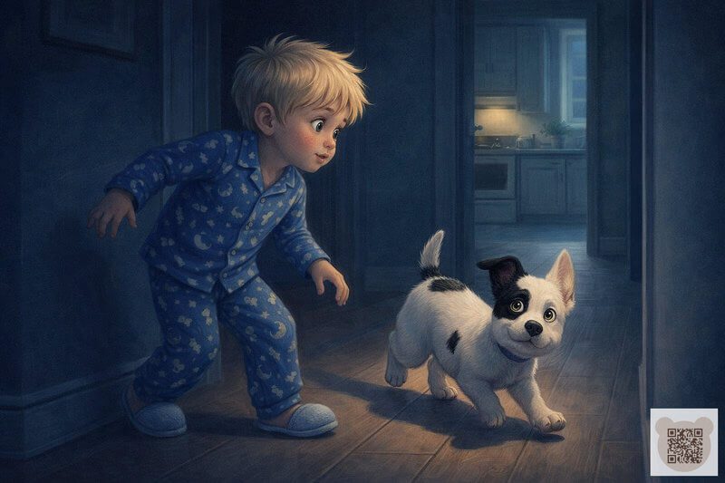 Картинка к сонной сказке «Сырная страна»: милое спокойное приключение перед сном для мальчика и его собаки. Интересные рассказы на ночь для детей 5-6 лет: детская иллюстрация, где мальчик Вася и щенок Бимка идут в ночную разведку на кухню.