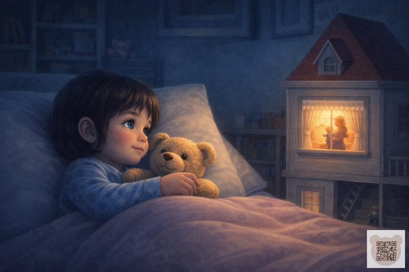 Картинка к сонной сказке «Сонный дозор»: уютная иллюстрация про вечерний ритуал засыпания и добрые сны. Интересные рассказы на ночь для детей 5-6 лет: детская иллюстрация, где девочка Ульяна обнимает милого плюшевого мишку и смотрит на светящийся кукольный домик.