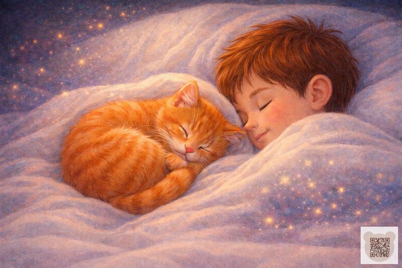 Сонная сказка про котенка Тигра: уютная история для детей про дружбу и спокойные сны. Интересные рассказы на ночь для детей: мальчик Женя и рыжий котенок Тигр спят под теплым одеялом.