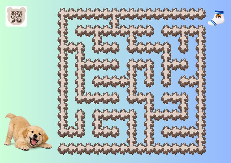 Гра-лабіринт: короткі історії для дітей 4-6 років — допоможи цуценяті знайти шкарпетку. Цуценя шукає шлях до шкарпетки хлопчика крізь коричневий лабіринт, гра-лабіринт короткі історії для дітей 4-6 років.