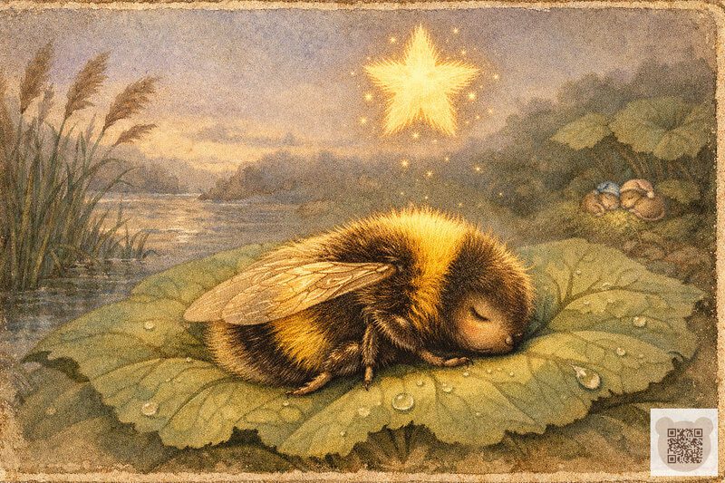 Иллюстрация к маленькой сказке на ночь для детей 1-3 лет: пушистый желтый шмель спит на зеленом листке под сияющей звездой. Маленькие сказки на ночь 1 2 3 лет — Сказка про сонного Шмеля и пушистую звёздочку