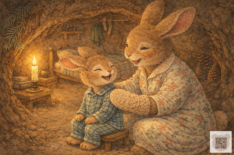 Иллюстрация к маленькой сказке на ночь для детей 1-3 лет: мама-зайчиха в халате и зайчонок в пижаме в уютной норке при свечах. Маленькие сказки на ночь 1 2 3 лет — Зайка в пижаме (читать с картинками)