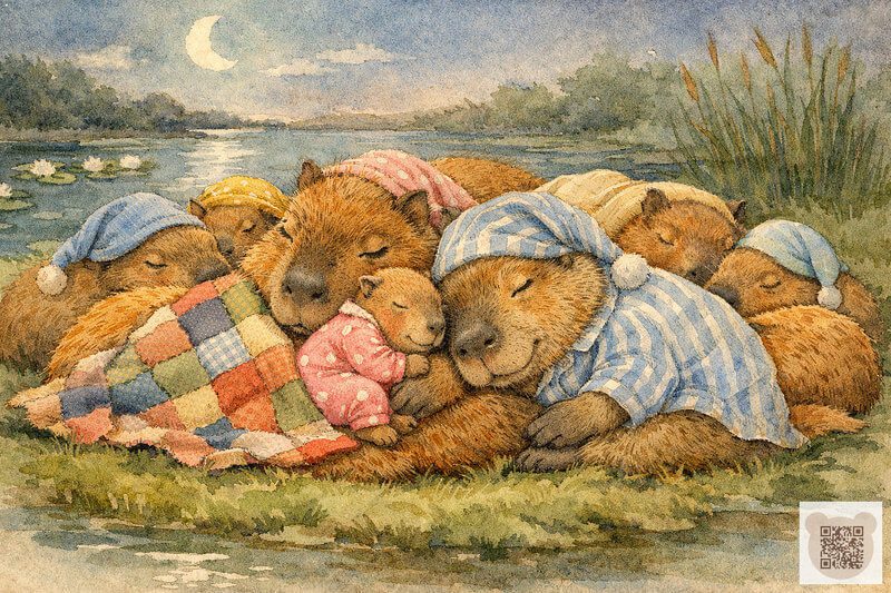 Иллюстрация к маленькой сказке на ночь для детей 1, 2 и 3 лет: дружная семья капибар спит в пижамах под лоскутным одеялом на берегу реки при луне. Маленькие сказки на ночь 1 2 3 лет — Сонные капибары у реки