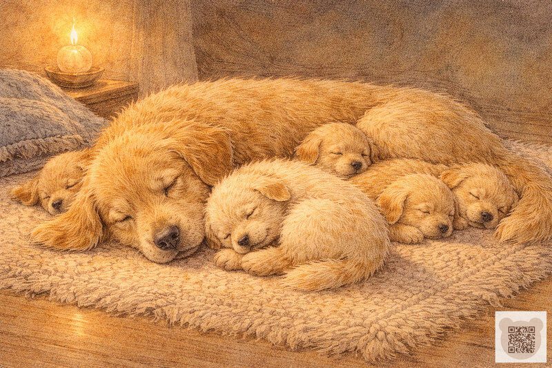 Иллюстрация к маленькой сказке на ночь для детей 1-3 лет: мама-собака ретривер и четверо щенков спят на пушистом коврике при свете свечи. Маленькие сказки на ночь 1 2 3 лет — Добрая история про щенят