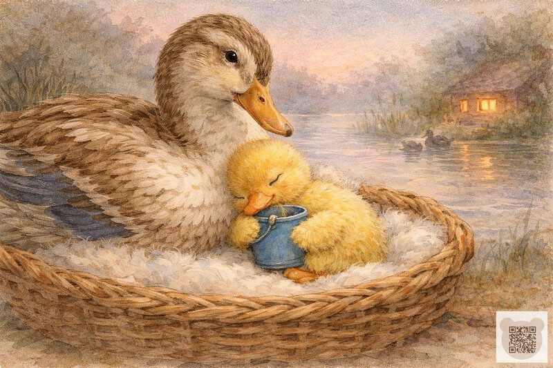 Иллюстрация к маленькой сказке на ночь для детей 1-3 лет: мама-утка и пушистый желтый утенок спят в плетеной корзинке на берегу пруда на закате. Маленькие сказки на ночь 1 2 3 лет — Сонный утёнок в корзинке