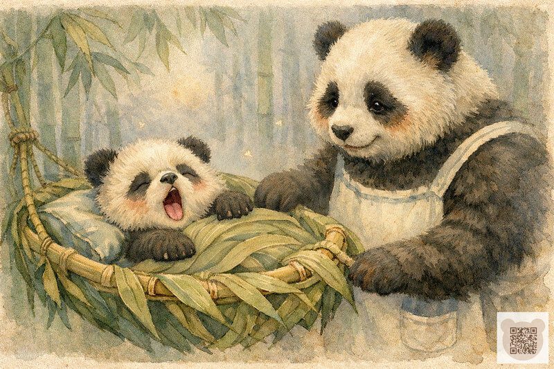 Иллюстрация к маленькой сказке на ночь для детей 1-3 лет: мама-панда в фартуке укладывает зевающего медвежонка спать в бамбуковую люльку. Маленькие сказки на ночь 1 2 3 лет — Сказка про сонную Панду