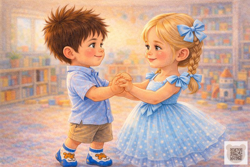 Детская история с картинками: нарядные дети танцуют в детском саду, мальчик в носках с тиграми держит за руки девочку в голубом платье — маленькие истории о первом вальсе.