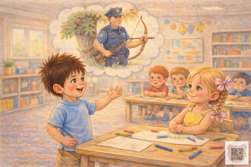 Детская история с картинками: мальчик увлеченно рассказывает в группе детского сада о полицейском с луком и стрелами — короткая история для детей про выбор профессии.