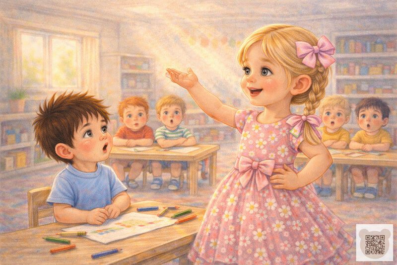 Детская история с картинками: нарядная девочка в розовом платье уверенно выступает перед группой детей в детском саду — маленькие истории о лидерстве и сказочных идеях.