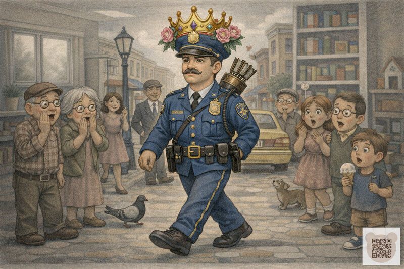 Детская история с картинками: усатый полицейский важно идет по улице в золотой короне с розами и с луком со стрелами за спиной — короткая история для детей о сказочном порядке.