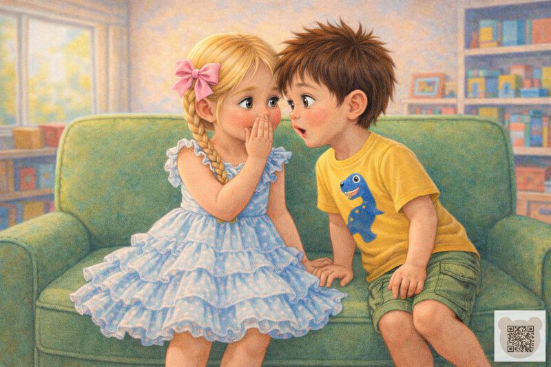 Детская история с картинками: девочка в пышном платье шепчет что-то на ухо удивленному мальчику в футболке с динозавром — детские истории короткие о секретах и медицинских тайнах.