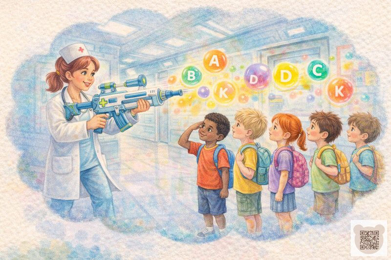 Детская история с картинками: медсестра стреляет из футуристического автомата разноцветными шарами-витаминами в школьников с рюкзаками — короткая история для детей о здоровье.