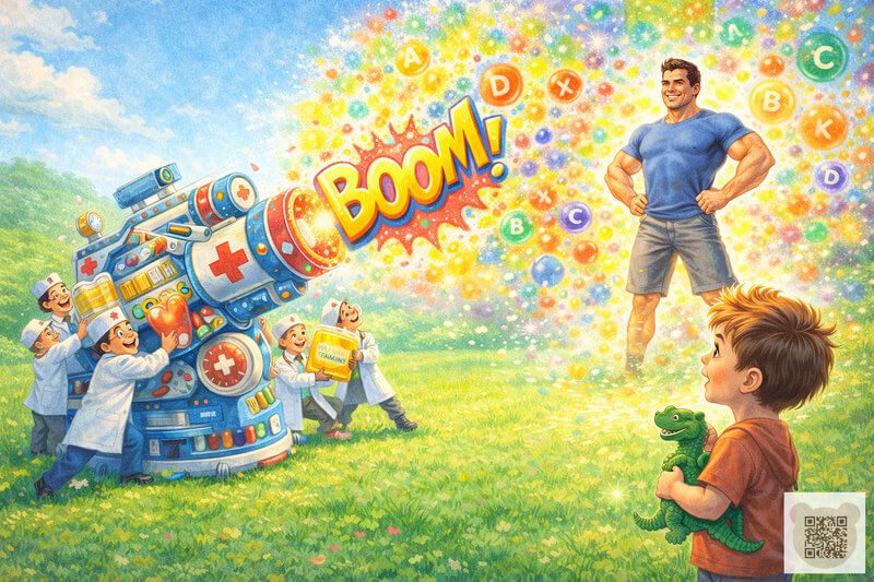 Детская история с картинками: огромная медицинская пушка стреляет витаминами в сильного папу, а мальчик с динозавром восторженно наблюдает — короткая история для детей про здоровье и воображение.
