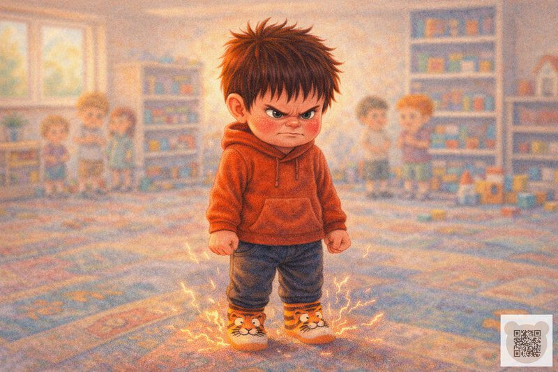 Детская история с картинками: рассерженный мальчик стоит посреди комнаты, а его носки с тиграми искрят электричеством — детские истории короткие о сильных эмоциях и «вулкане» внутри.