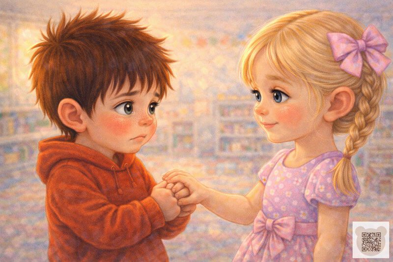 Детская история с картинками: спокойная девочка нежно берет за руку расстроенного мальчика, помогая ему успокоиться — маленькие истории о доброте и поддержке.