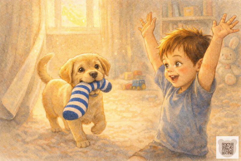 Детская история с картинками: радостный мальчик вскинул руки, увидев золотистого щенка с полосатым носком в зубах — короткая история для детей со счастливым концом.