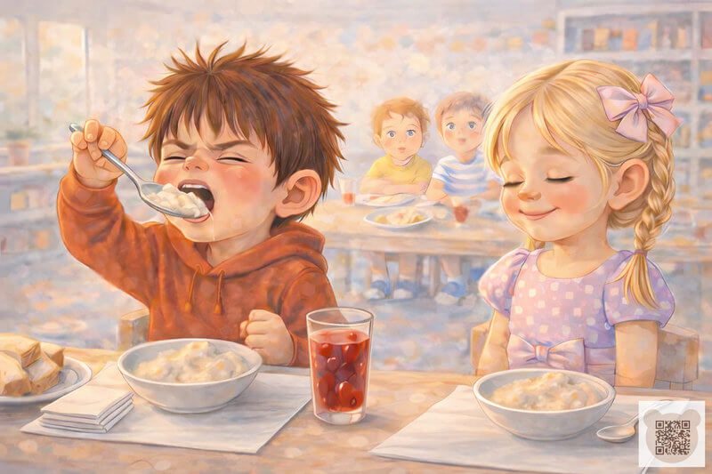 Детская история с картинками: мальчик мужественно ест манную кашу из своей и соседней тарелки, пока девочка довольно жмурится — короткая история для детей о настоящем рыцарстве.