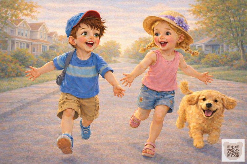 Дитяча історія з картинками: радісні хлопчик і дівчинка в літньому одязі біжать назустріч пригодам разом із золотистим ретривером на тлі затишних будинків. Щасливі діти та щеня біжать сонячною вулицею.