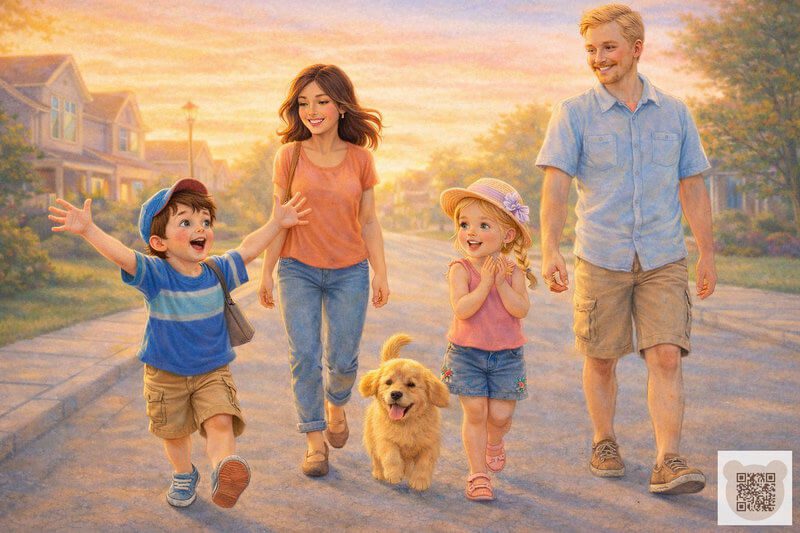 Дитяча історія з картинками: тато, мама, двоє дітей і маленький золотистий ретривер разом ідуть із дитячого садка тихою вулицею передмістя в золотисту годину. Щасливі діти та їхні батьки йдуть додому з садочка.