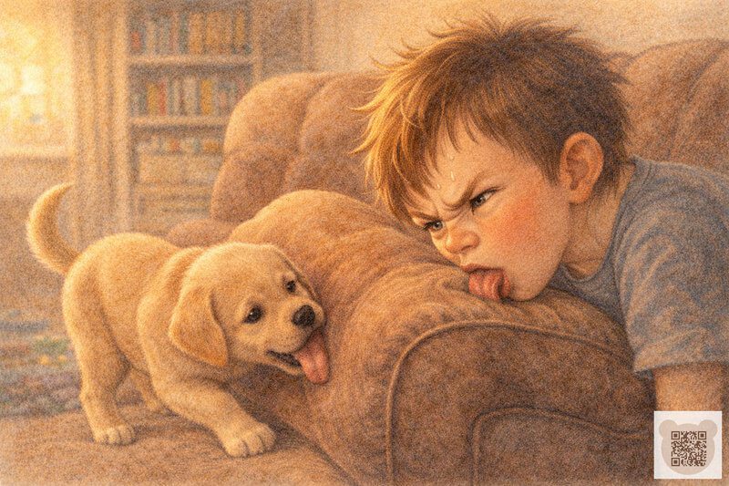 Детская история с картинками: мальчик и золотистый щенок одновременно лижут подлокотник большого дивана — маленькие истории о забавных экспериментах.