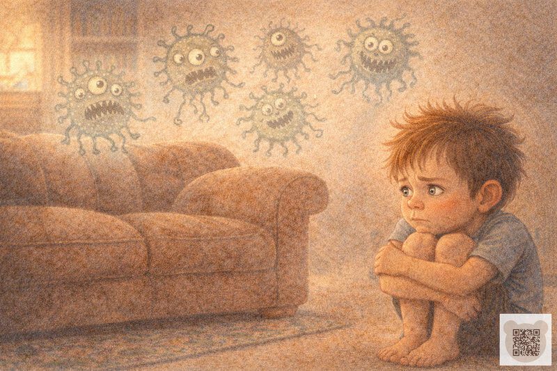 Детская история с картинками: испуганный мальчик сидит на полу, обхватив колени, и смотрит на диван, над которым парят воображаемые зубастые микробы — короткая история для детей о правилах гигиены.