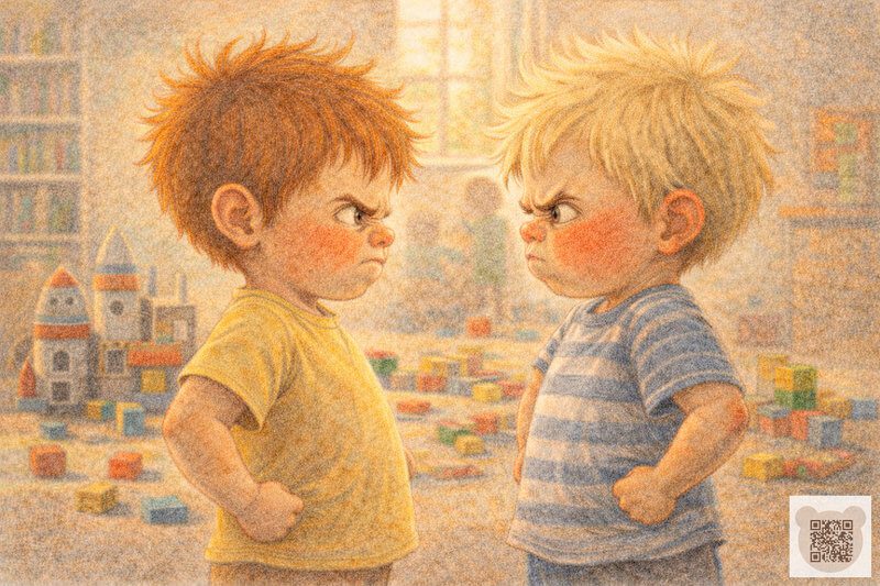 Детская история с картинками: два мальчика сердито смотрят друг на друга, надув щеки и уперев руки в бока — короткая история для детей о ссорах и дружбе.