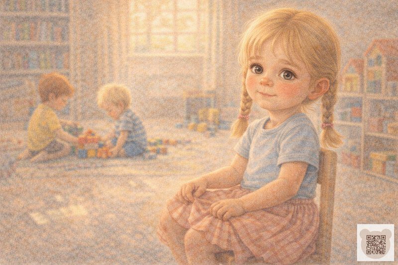 Детская история с картинками: спокойная девочка с золотистыми хвостиками сидит на стуле, а на заднем плане мальчики строят замок из кубиков — короткая история для детей о невозмутимости.