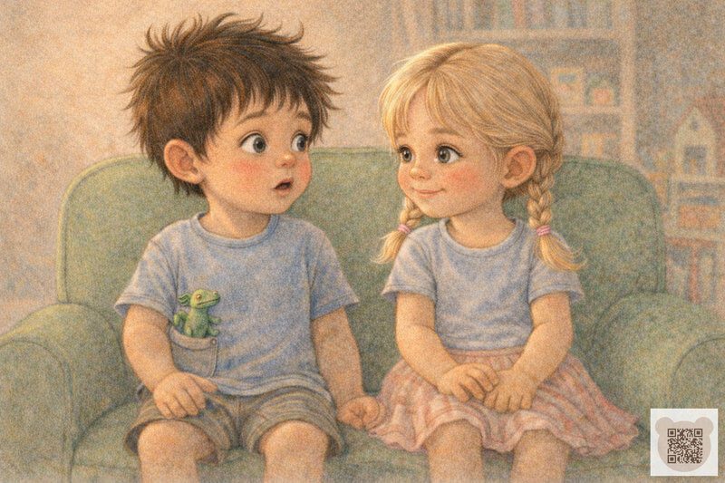 Детская история с картинками: мальчик с игрушечным динозавром в кармане и девочка с золотистыми хвостиками сидят рядом на диване — детские истории короткие о дружбе в детском саду.