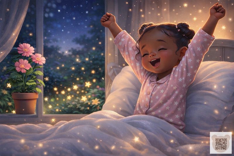Щаслива маленька дівчинка в рожевій піжамі потягується в ліжку на фоні зоряного неба та сяючих квітів, ілюстрація до казки на ніч короткої для дітей 0-6 років.