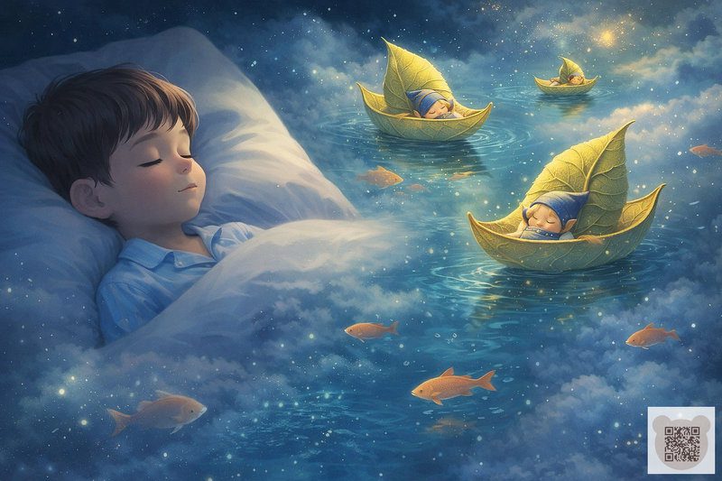 Хлопчик спить на подушці й бачить сни: поряд маленькі ельфи пливуть у човниках-листках по зоряному небу із золотими рибками, ілюстрація до казки на ніч короткої для дітей 0-6 років.