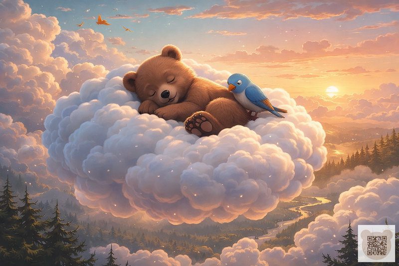 Плюшеве ведмежа та блакитна пташка сплять на м'якій пухнастій хмаринці над лісом на заході сонця, ілюстрація до казки на ніч короткої для дітей 0-6 років.