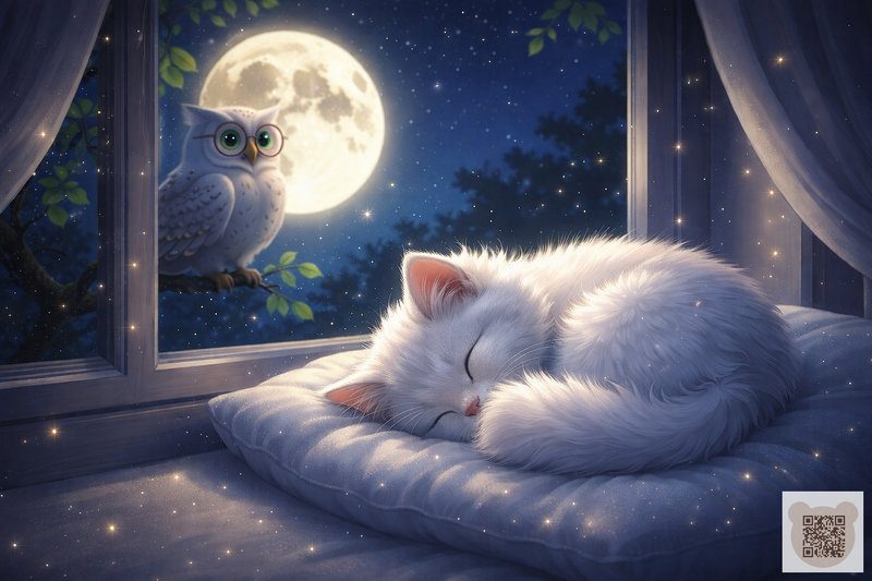 Ілюстрація зі сплячим білим кошеням на подушці біля вікна, совою в окулярах та великим місяцем для казки на ніч дітям 0-6 років.