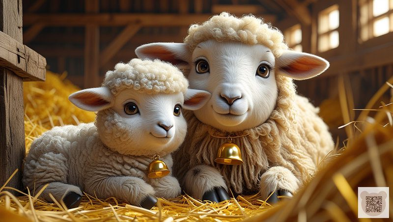 Пухнаста біла овечка та ягнятко з золотими дзвіночками лежать на сіні у затишному хліві, ілюстрація до казки на ніч короткої для дітей 0-6 років.