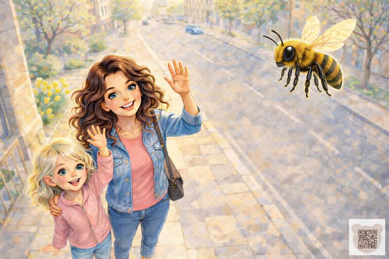 Зображення: Прощання з бджілкою Жужею — фінальна ілюстрація до дитячої історії про весну. Мама і Таша махають бджілці Жужі, яка відлітає в синє небо — ілюстрація до фіналу оповідання про 8 Березня для дошкільнят. Весняна казка про доброту, дружбу з природою і радісне свято.