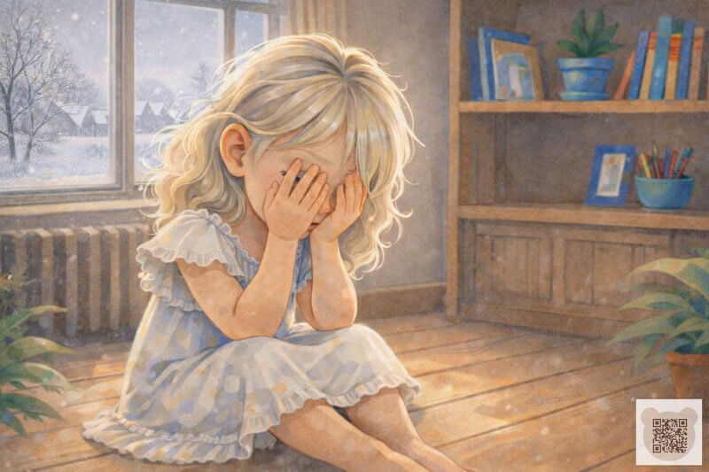 Ілюстрація: Сумна мить у казці до 8 Березня — Таша і її розбита мрія. Засмучена Таша плаче над перевернутим горщиком із квіткою — ілюстрація до розділу «Біда!» з оповідання про 8 Березня для дошкільнят. Терапевтична весняна казка про переживання невдач і віру в краще.