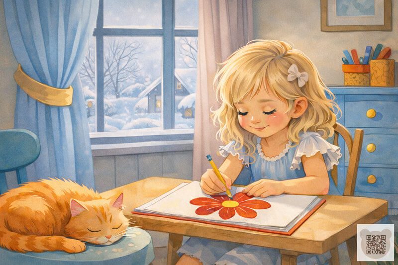 Ілюстрація: Творчий подарунок для мами від Таші — зображення до весняного оповідання для дітей. Маленька Таша малює яскраву квітку в подарунок мамі поруч зі сплячим котом Кузею — ілюстрація до оповідання про 8 Березня для дошкільнят. Весняна казка про дитячу творчість і підготовку до жіночого свята.