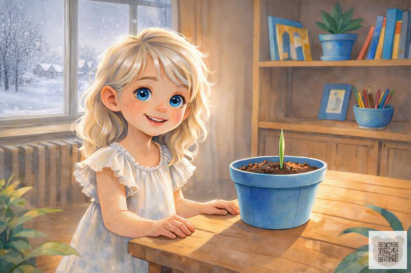 Дівчинка Таша радіє першому паростку тюльпана на підвіконні — ілюстрація до оповідання про 8 Березня для дошкільнят. Весняна казка про те, як виростити диво власними руками і здивувати маму.