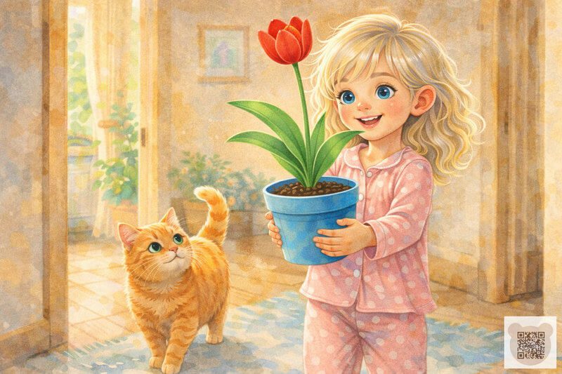 Счастливая Таша несёт маме распустившийся алый тюльпан в горшочке — финальная иллюстрация к рассказу про 8 Марта для дошкольников. Весенняя сказка о том, как любовь и забота помогают вырастить настоящее чудо.