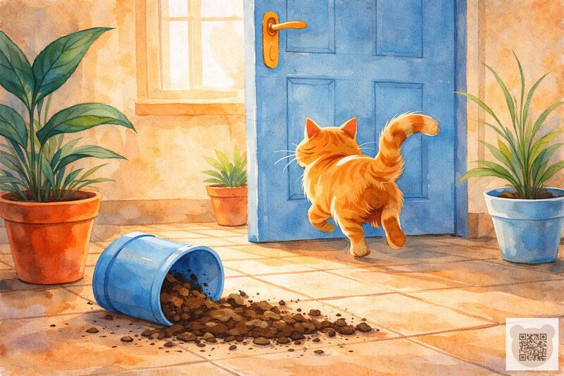 Рудий кіт Кузя перекинув горщик із квіткою — ілюстрація до оповідання про 8 Березня для дошкільнят. Повчальна весняна казка про труднощі та подолання на шляху до мети.