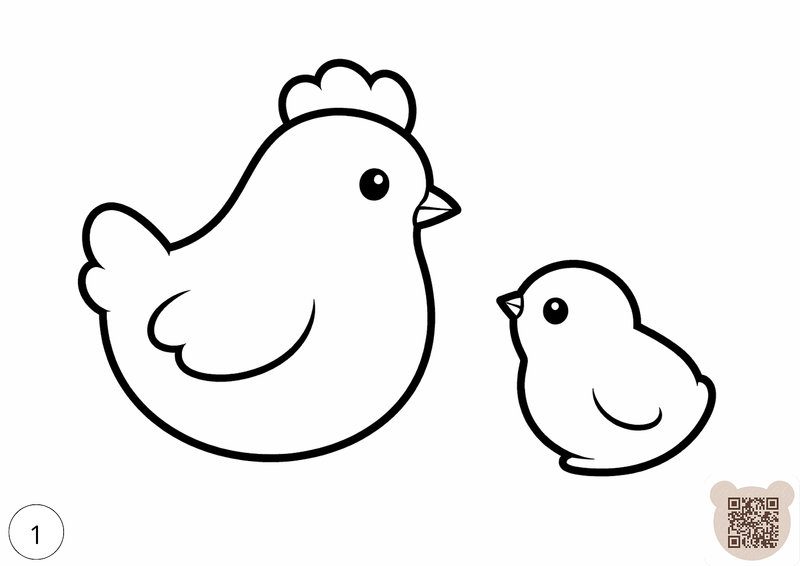 Уникальные мини-сказки детям до 2 лет на Пасху: простая раскраска с толстым контуром, силуэты мамы-курочки и маленького цыпленка для малышей.