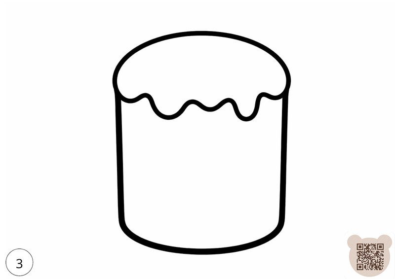 Уникальные мини-сказки детям до 2 лет на Пасху: простая черно-белая раскраска с пасхальным куличом, жирный контур для малышей 1 года.