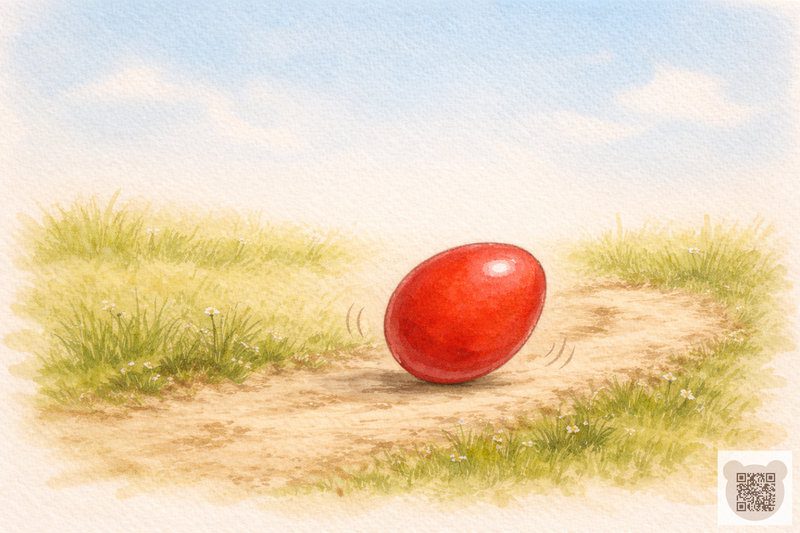 Уникальные мини-сказки детям до 2 лет на Пасху: ярко-красное пасхальное яйцо катится по тропинке среди травы, акварельная иллюстрация для развития малышей.