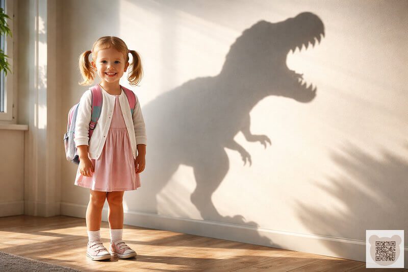 After-school restraint collapse in toddlers: an illustration of the "preschool angel vs home monster" metaphor with a roaring dinosaur shadow.
