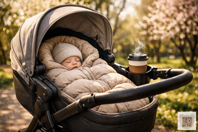 Newborn baby first spring walk in stroller with coffee cup on handlebar
