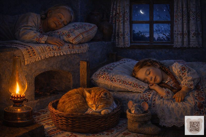 Казка про Великдень для дітей про Україну: як господарочки сили перед святом набиралися. 🕯️🌙 Дитяча ілюстрація: спокійний сон героїв у хаті-мазанці. Бабуся Маруся на печі, Наталочка на перині, котик у кошику та мишка у теплій чуні. Казка про Великдень для дітей про Україну — магія передсвяткової ночі.