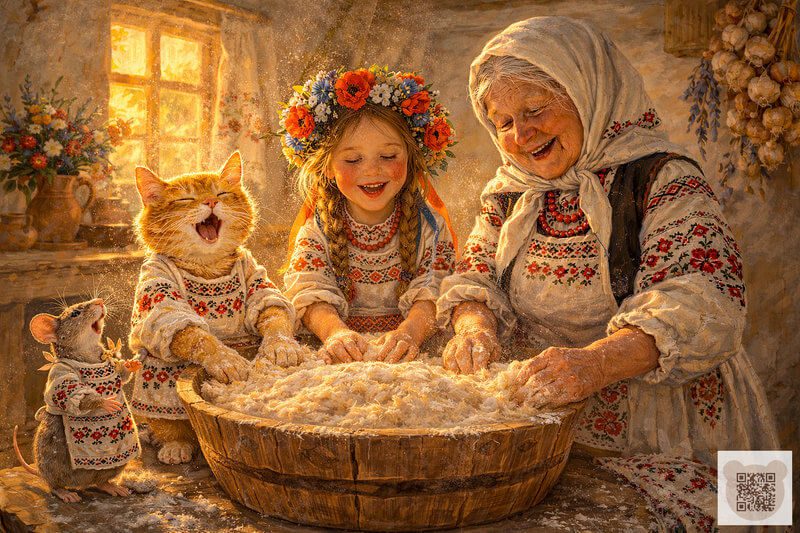 Ой, місимо тісто, та й з молитвою! ✨ Традиції випікання паски в козацькому Орлику — Казка про Великдень для дітей про Україну. Дитяча ілюстрація: бабуся Маруся, Наталочка та господарочки в вишиванках місять святкове тісто в дерев'яній діжі. Казка про Великдень для дітей про Україну — таємниця народження пухкої паски в Орлику.
