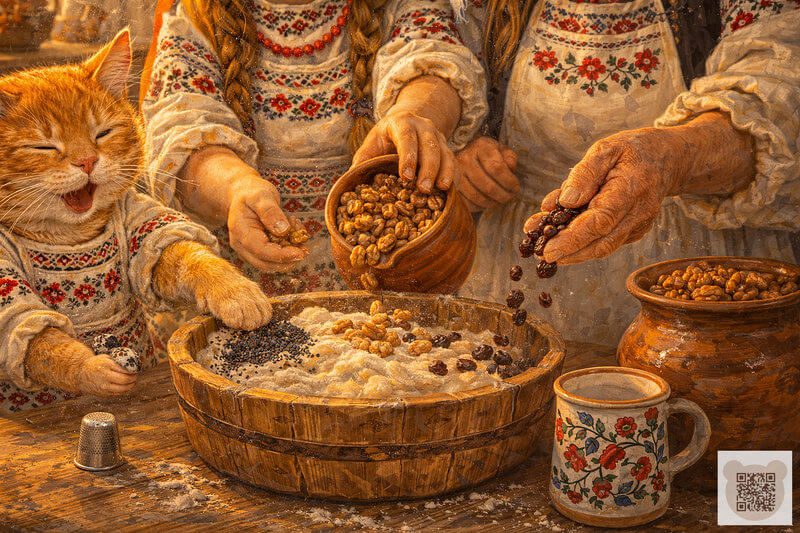 Родинні секрети великодньої паски ✨ Золотаві родзинки, мак та волоські горіхи для найкращої випічки — Казка про Великдень для дітей про Україну. Дитяча ілюстрація: руки бабусі Марусі та Наталочки, лапки котика і мишки додають родзинки, мак та горіхи у великоднє тісто. Казка про Великдень для дітей про Україну — секретний рецепт пишної паски в Орлику.